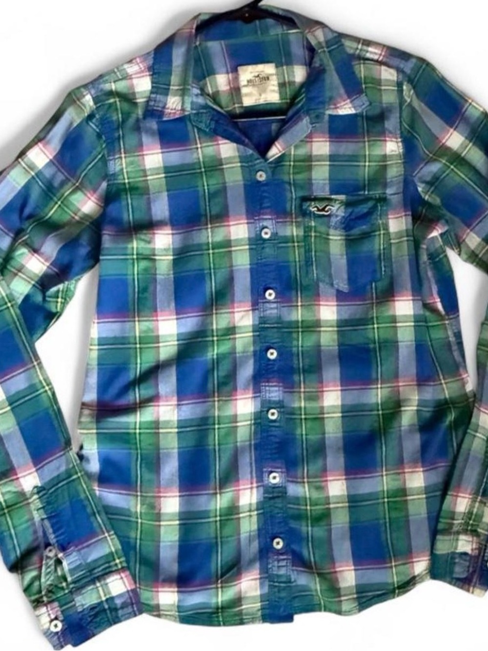 Hollister Blue, Green & White Plaid Button-Down Shirt